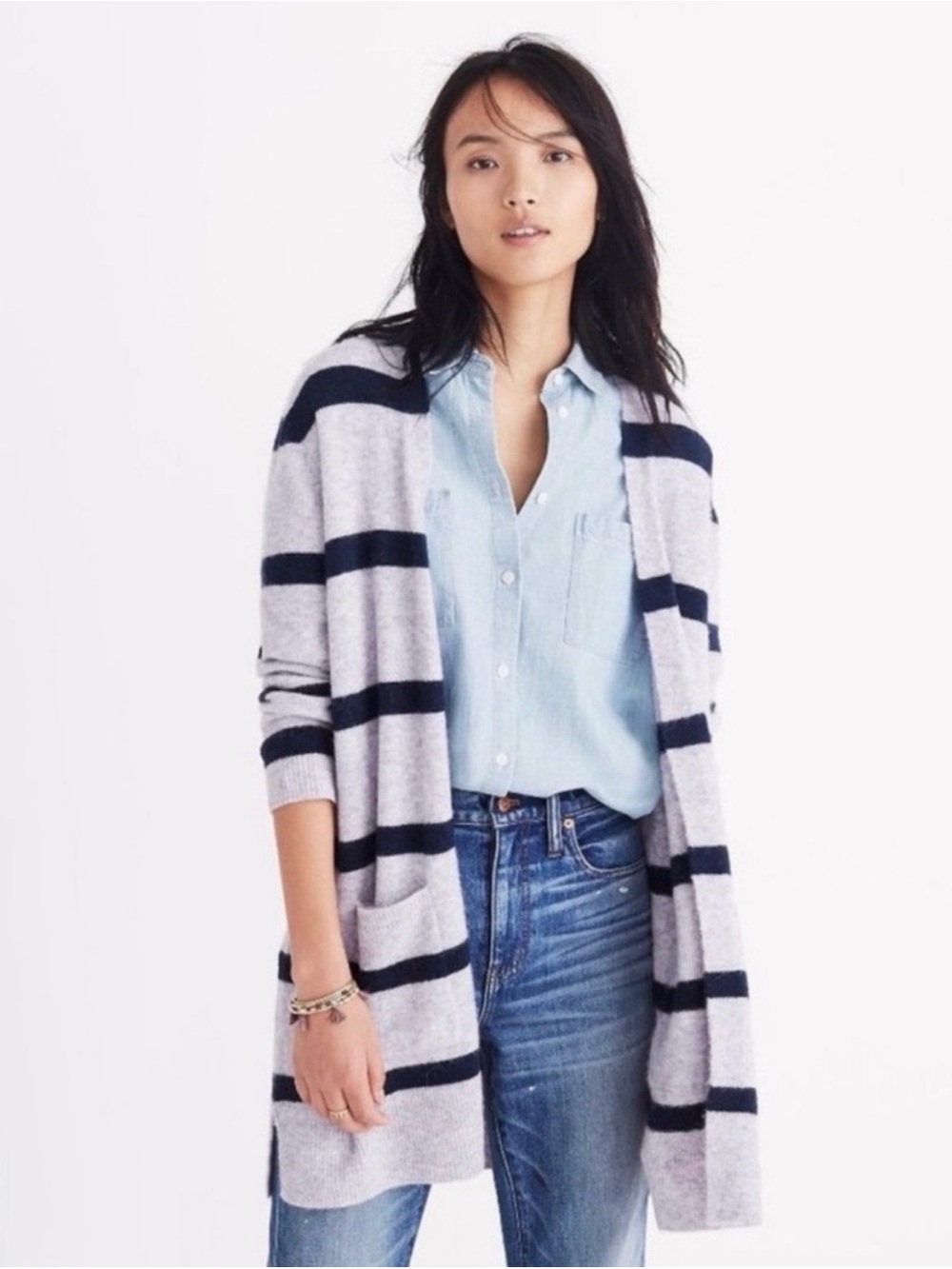 Madewell Gray and Navy Striped Cardigan